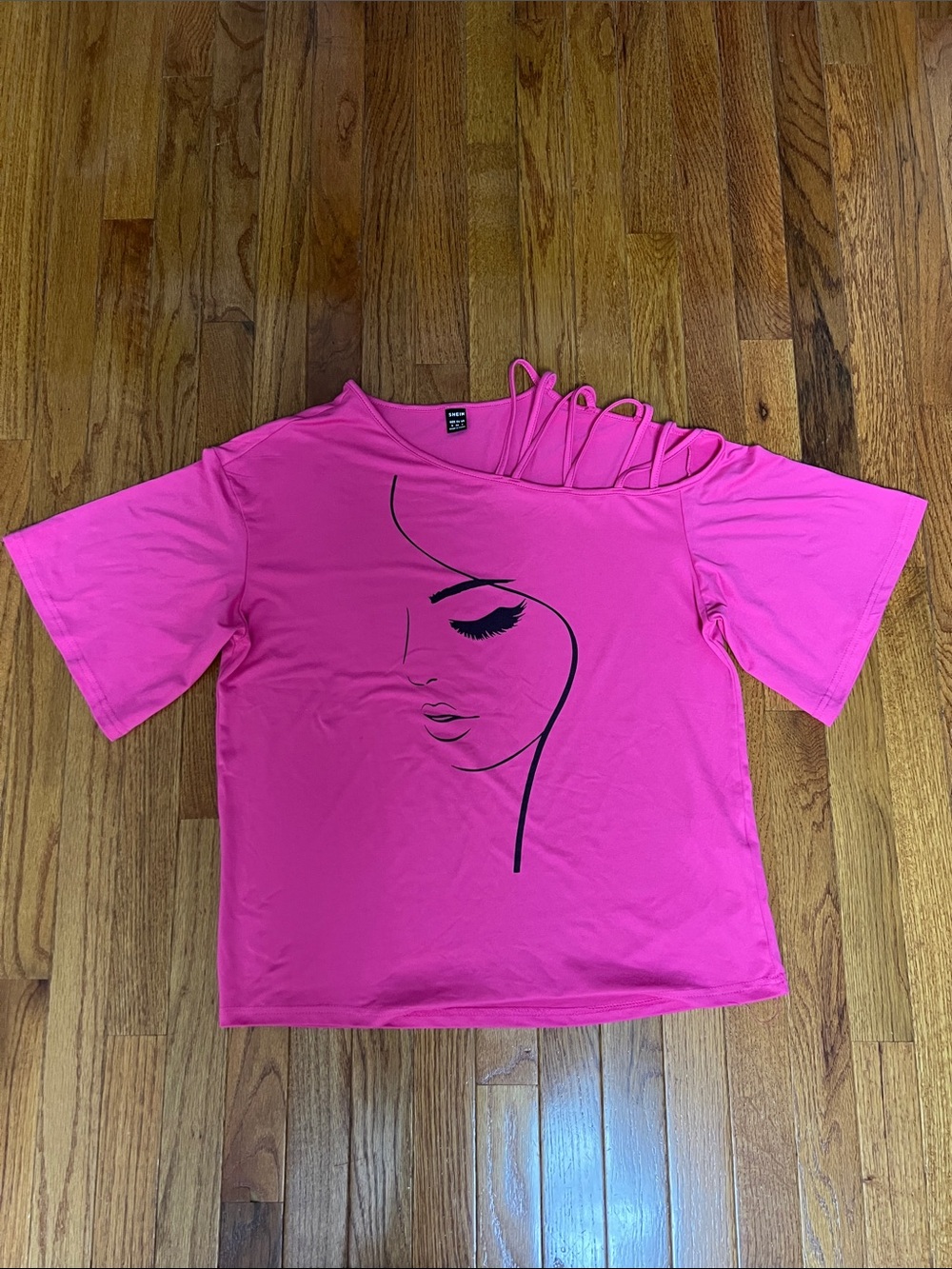 SHEIN Hot Pink Graphic One-Shoulder Cutout Crop Top